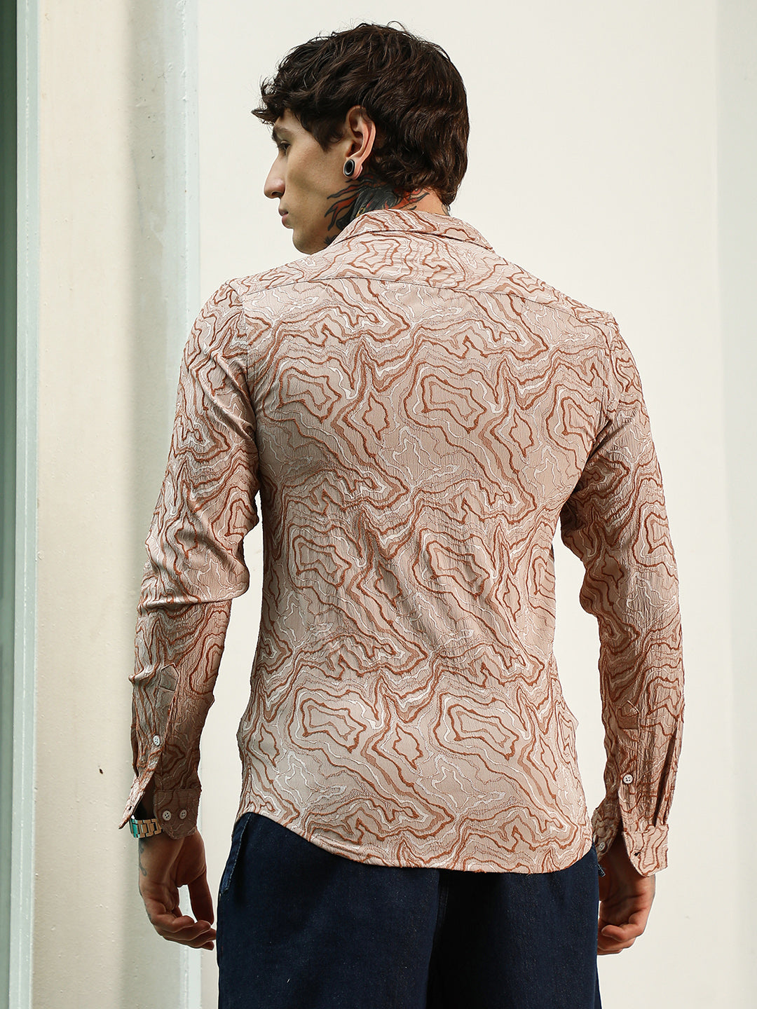 Slim Fit Beige Abstract Pattern Full Sleeve Shirt