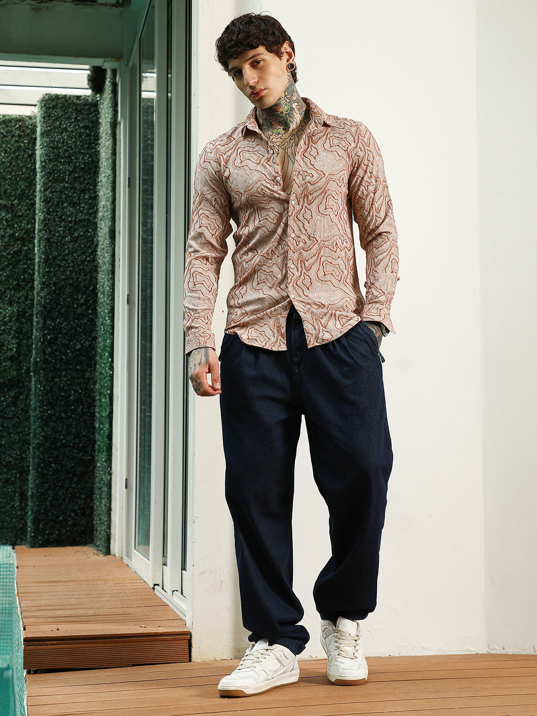 Slim Fit Beige Abstract Pattern Full Sleeve Shirt