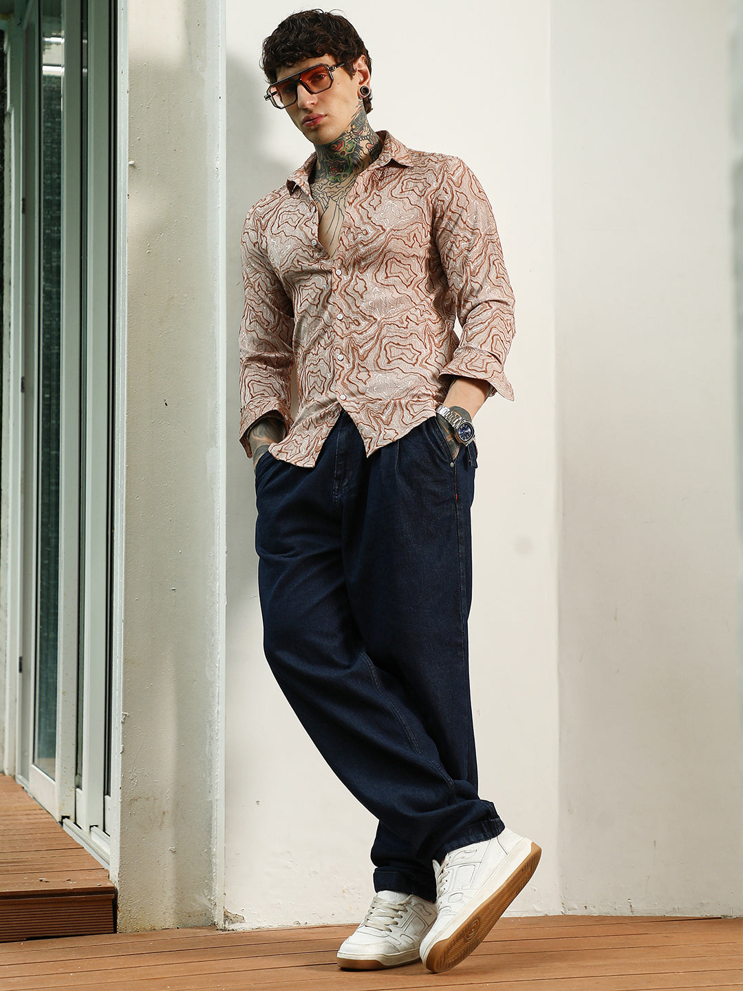 Slim Fit Beige Abstract Pattern Full Sleeve Shirt