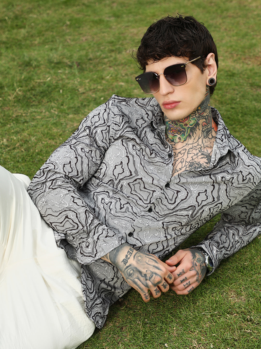 Grey Abstract Pattern Slim Fit Shirt