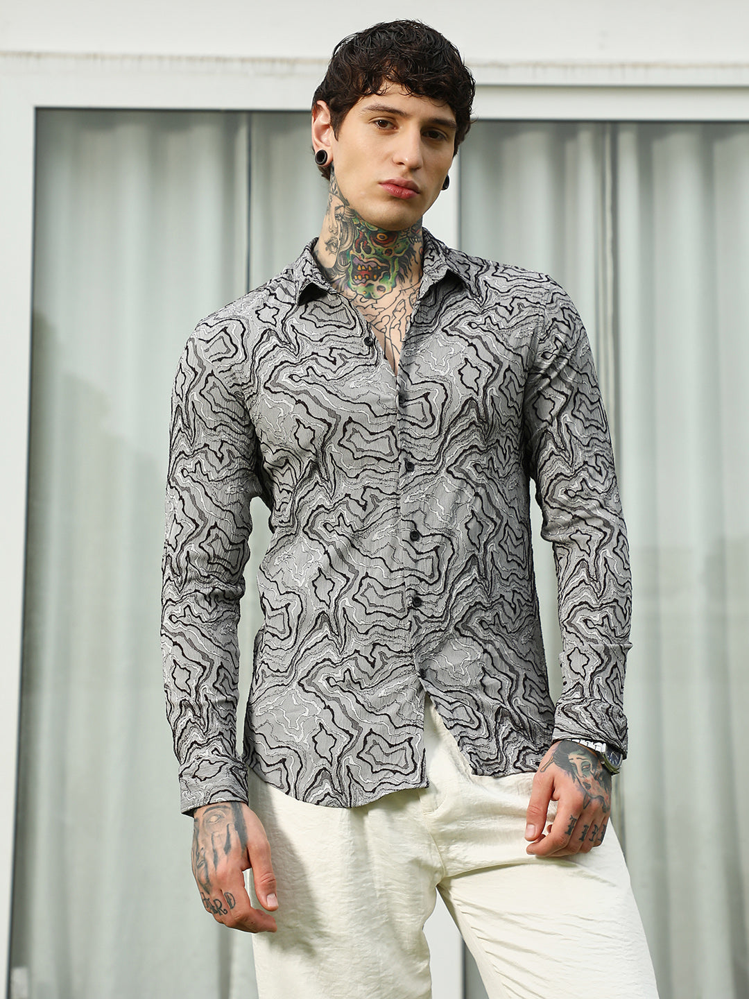 Grey Abstract Pattern Slim Fit Shirt