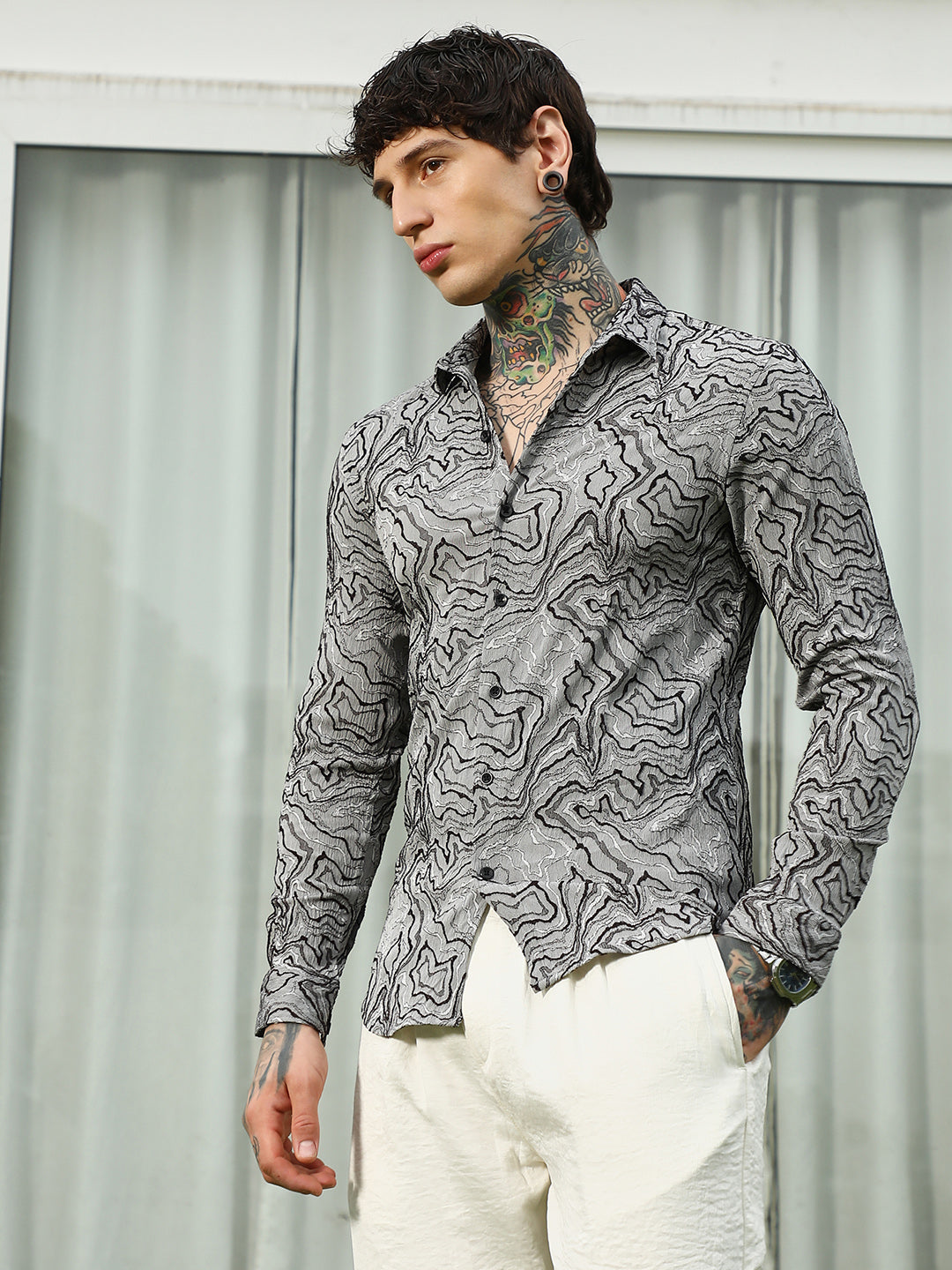 Grey Abstract Pattern Slim Fit Shirt