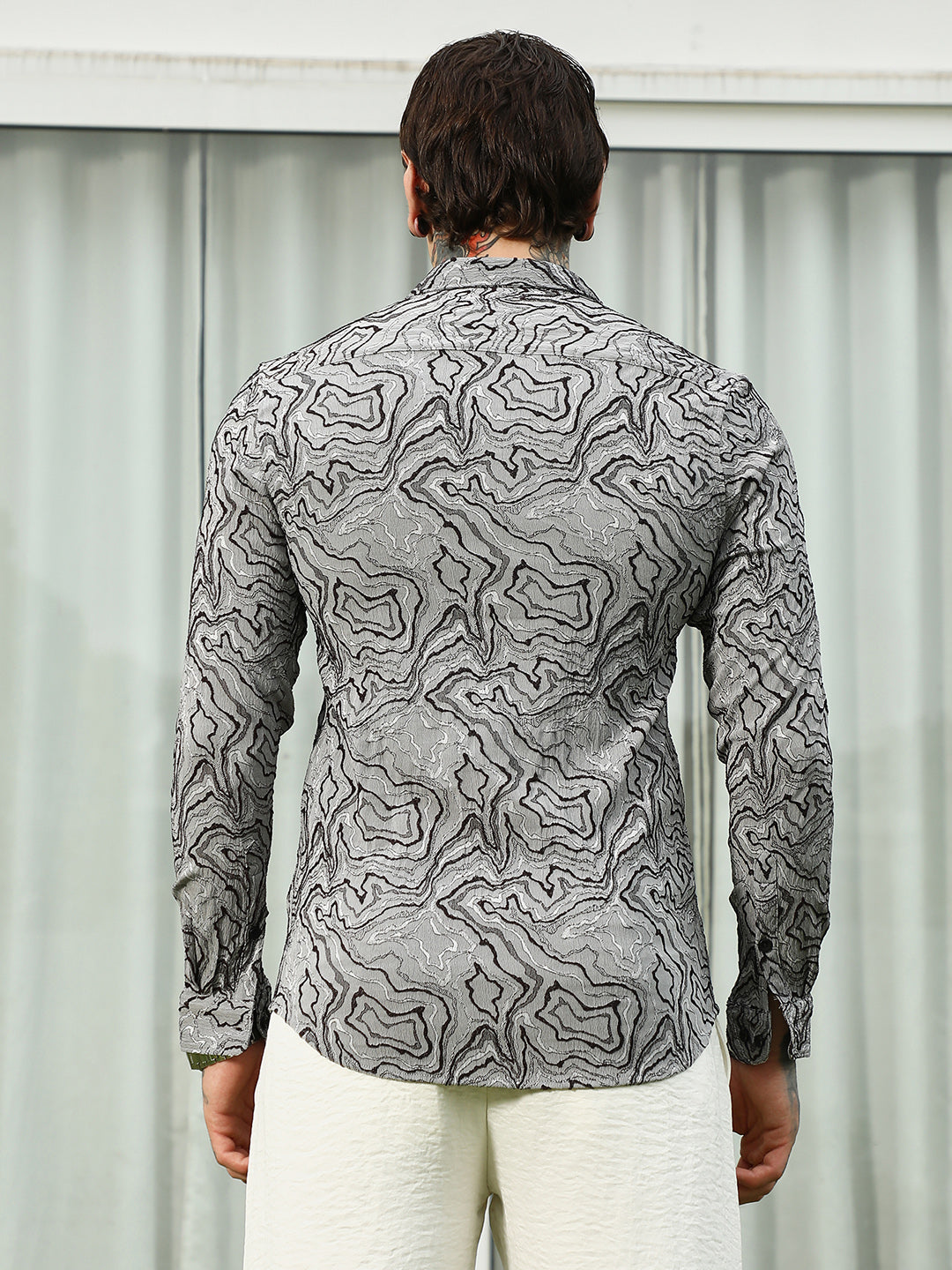 Grey Abstract Pattern Slim Fit Shirt