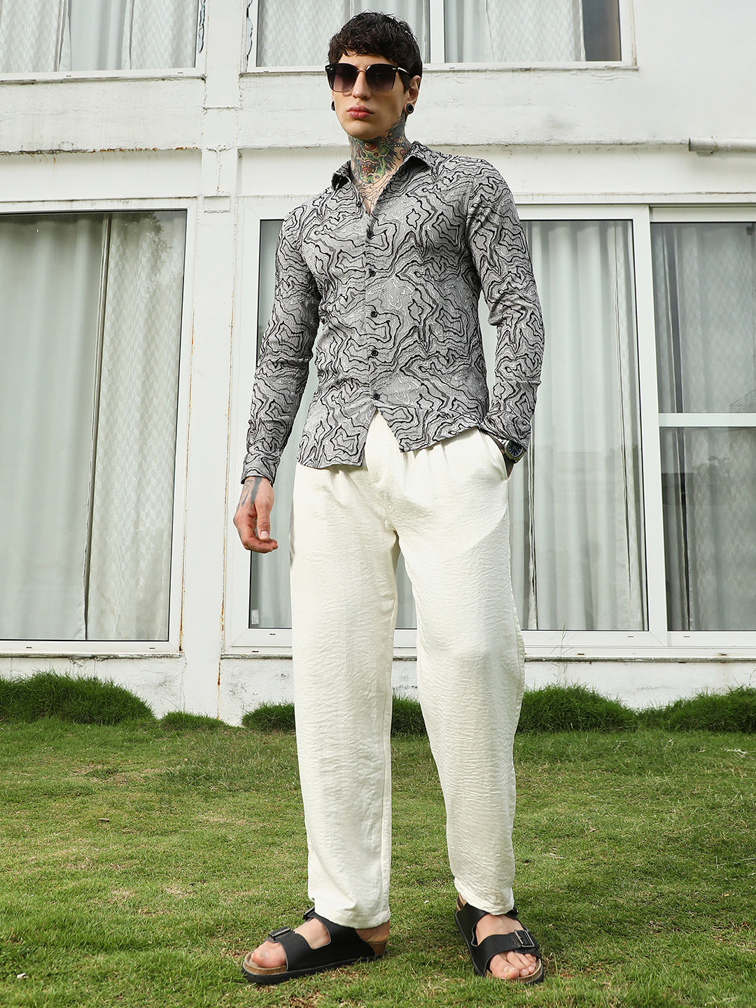 Grey Abstract Pattern Slim Fit Shirt