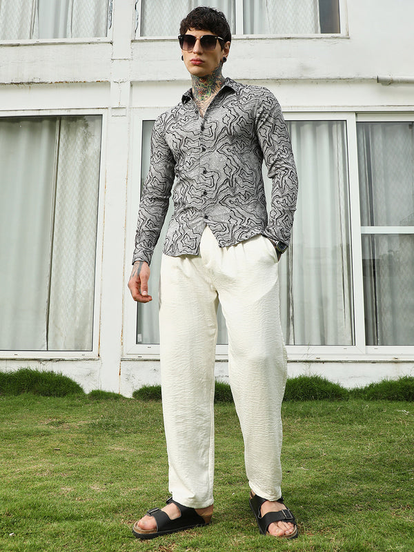 Grey Abstract Pattern Slim Fit Shirt