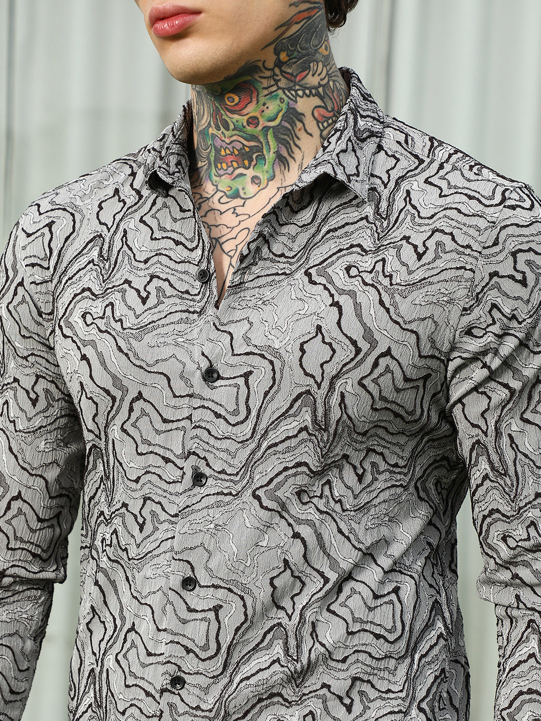 Grey Abstract Pattern Slim Fit Shirt