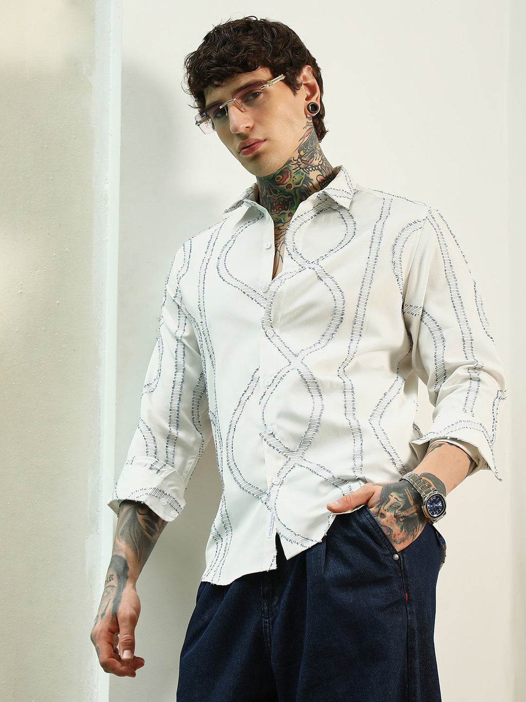 White Stitched Pattern Shirt - Cotton Polyester Blend