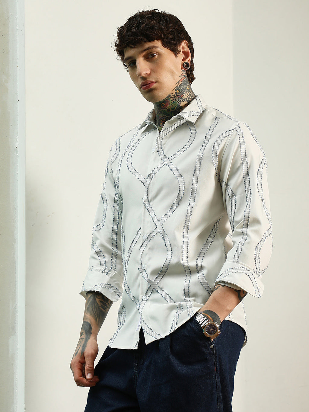 White Stitched Pattern Shirt - Cotton Polyester Blend