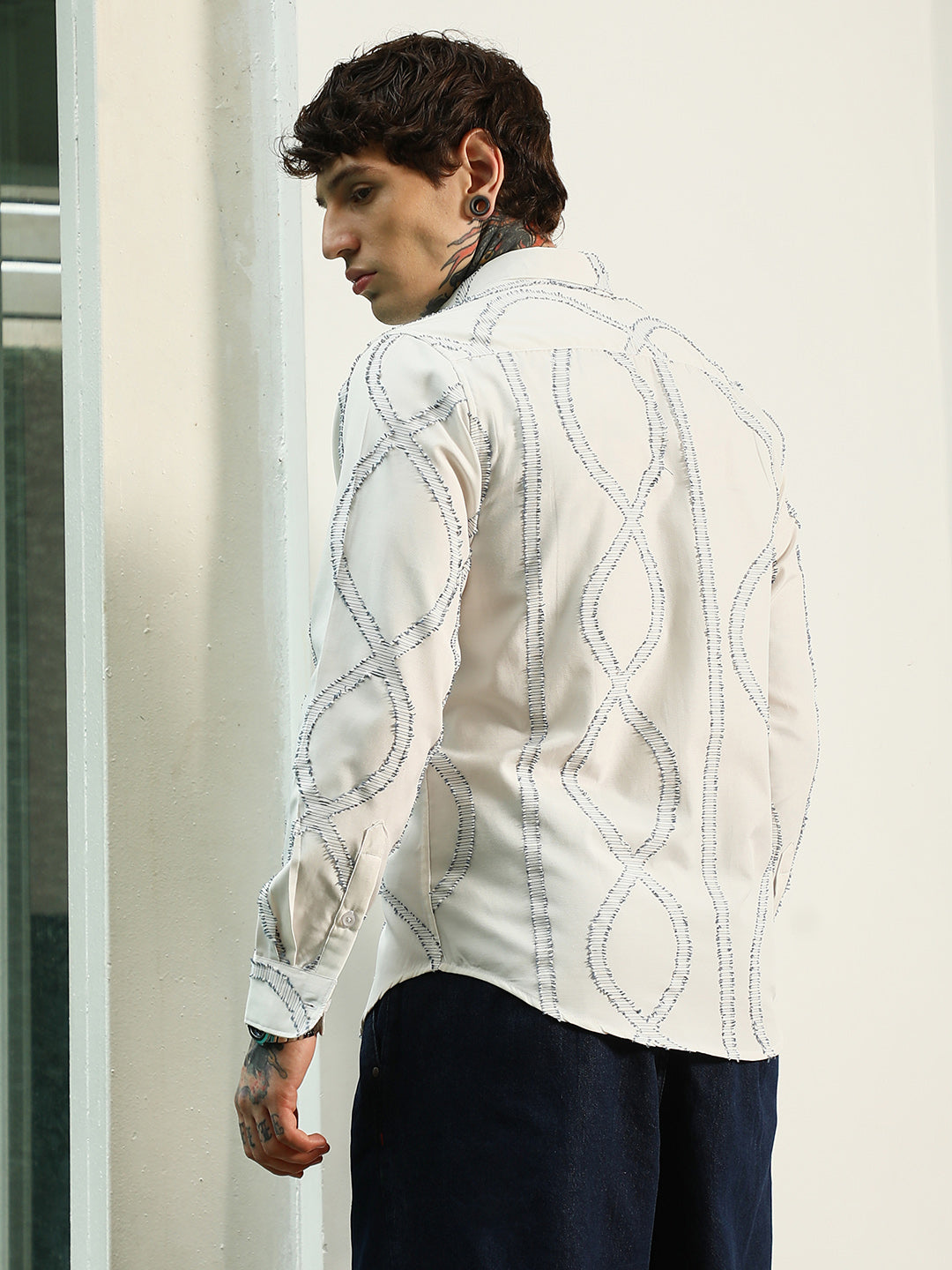 White Stitched Pattern Shirt - Cotton Polyester Blend