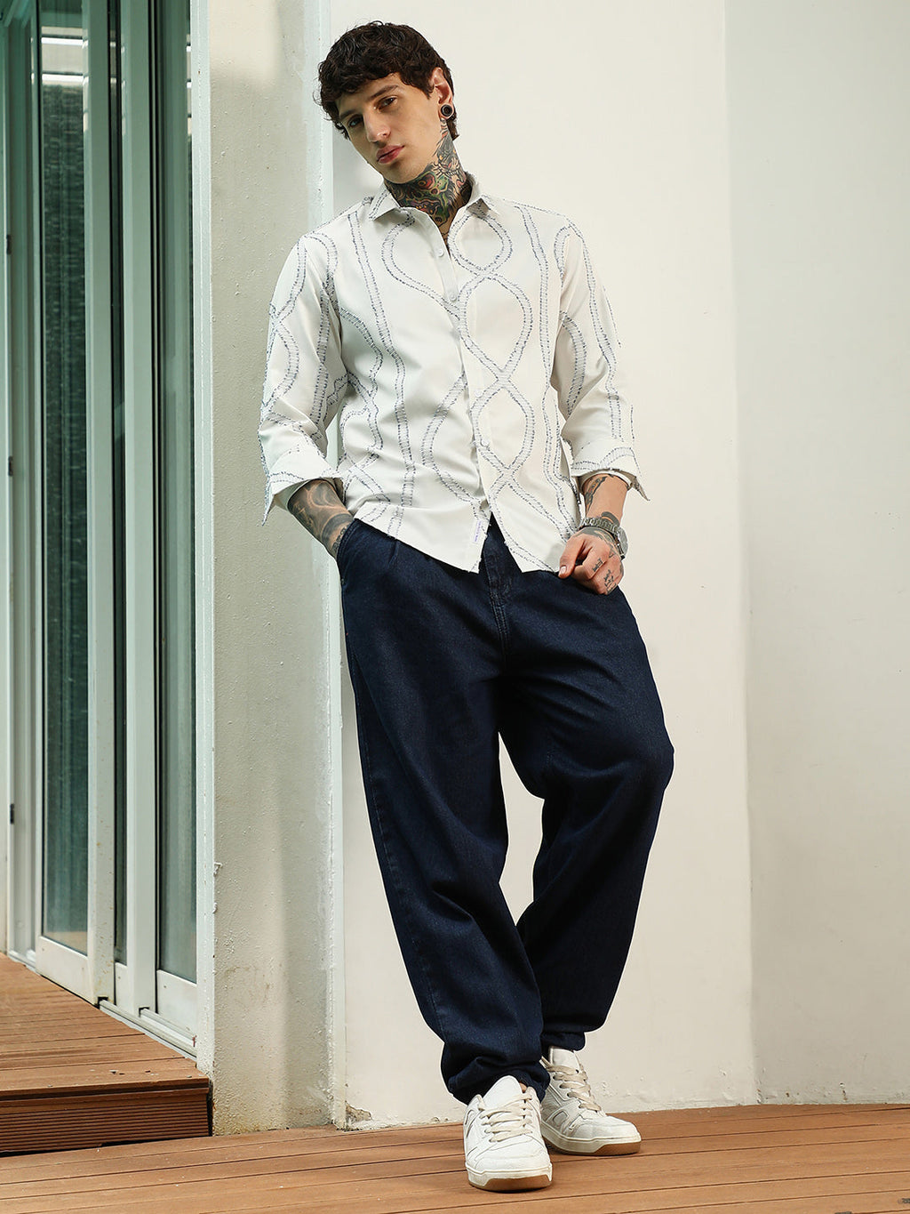 White Stitched Pattern Shirt - Cotton Polyester Blend