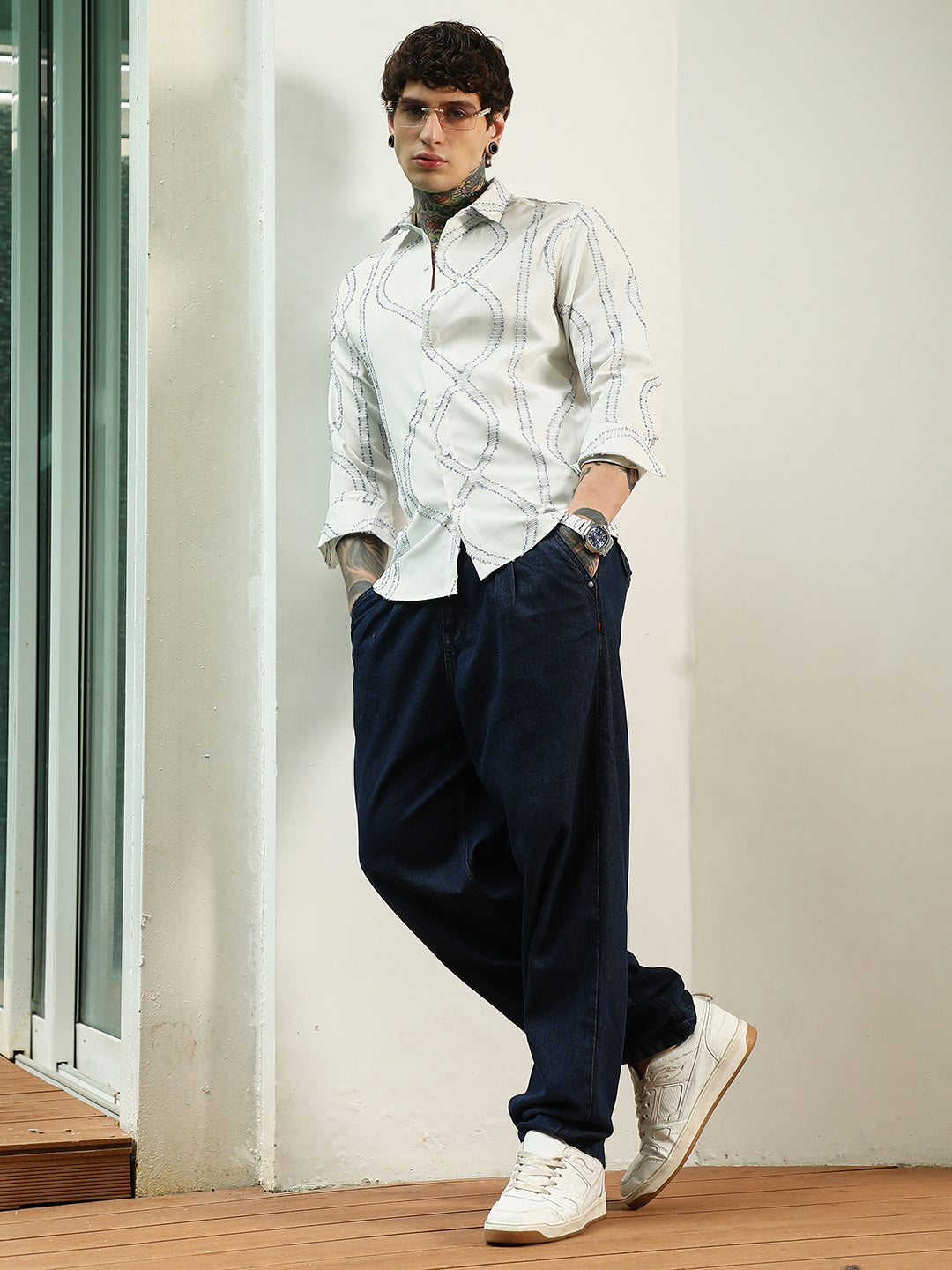 White Stitched Pattern Shirt - Cotton Polyester Blend