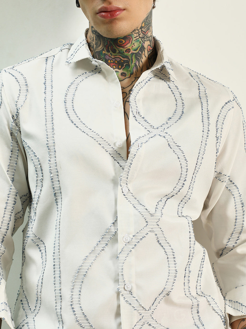 White Stitched Pattern Shirt - Cotton Polyester Blend