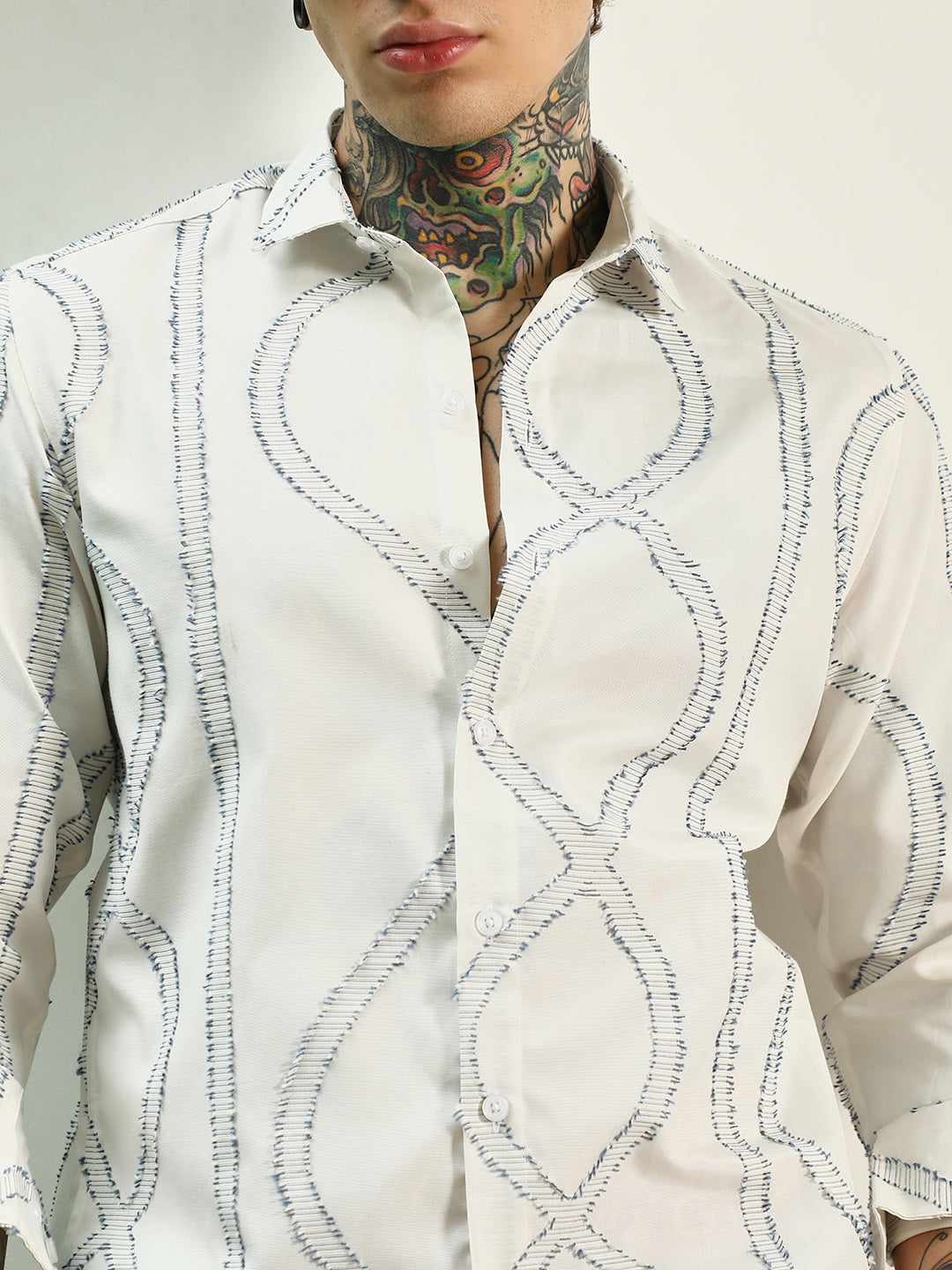 White Stitched Pattern Shirt - Cotton Polyester Blend