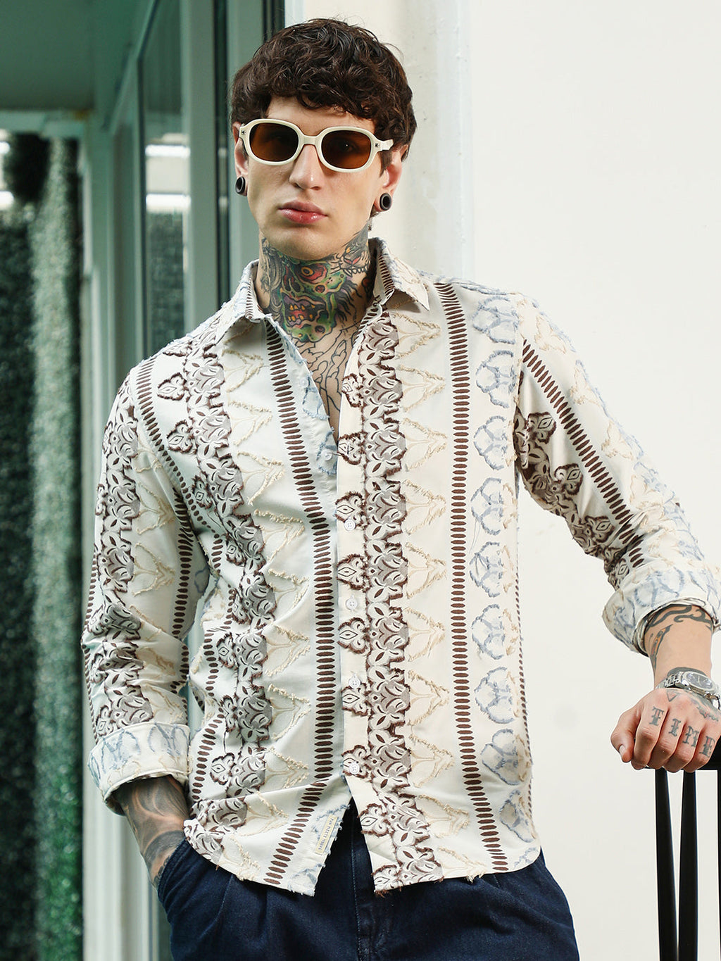 Off White Self Design Cotton-Poly Blend Full Sleeve Shirt