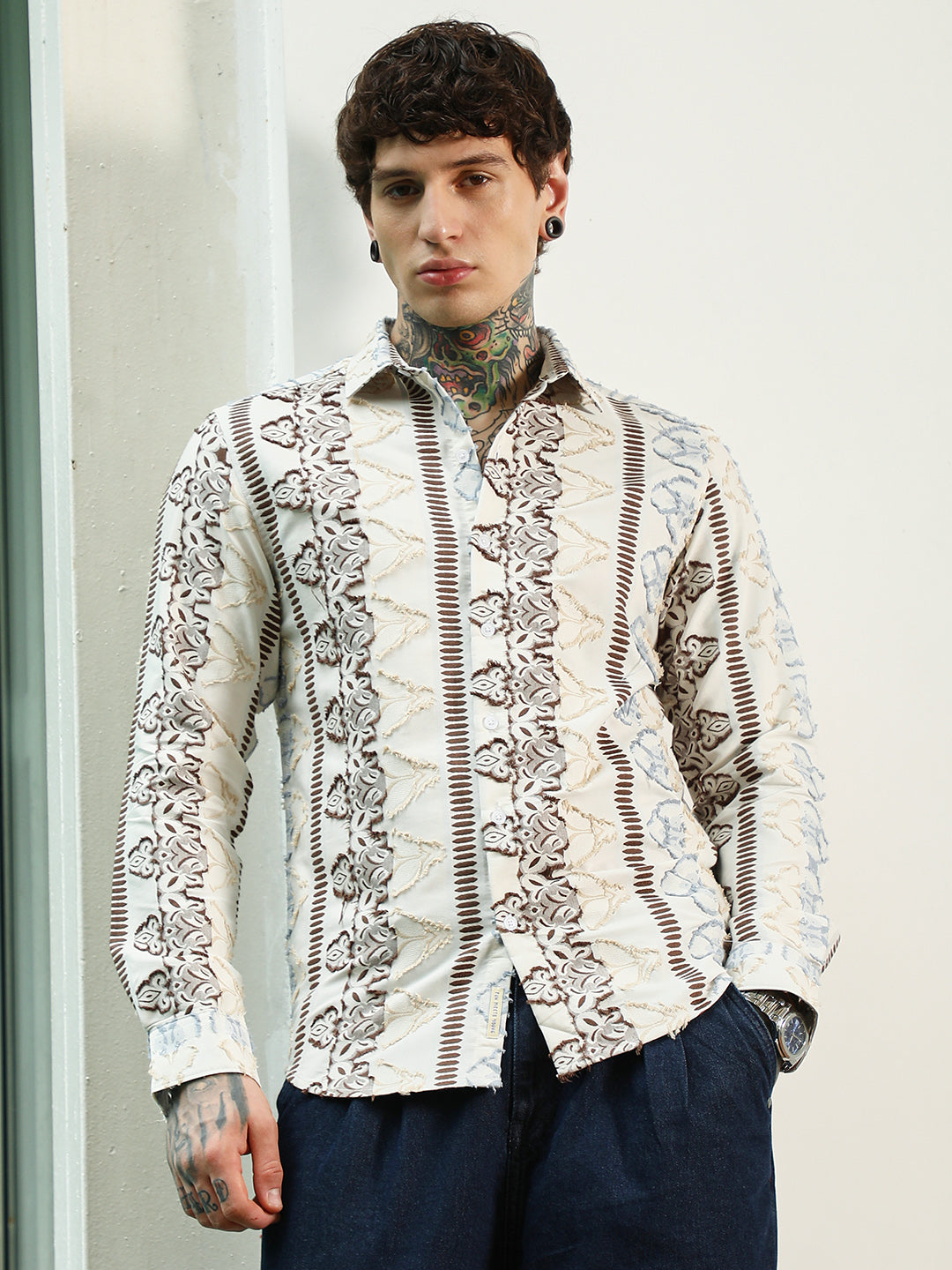 Off White Self Design Cotton-Poly Blend Full Sleeve Shirt