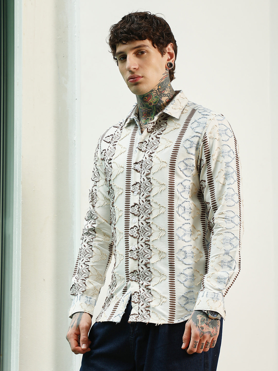 Off White Self Design Cotton-Poly Blend Full Sleeve Shirt