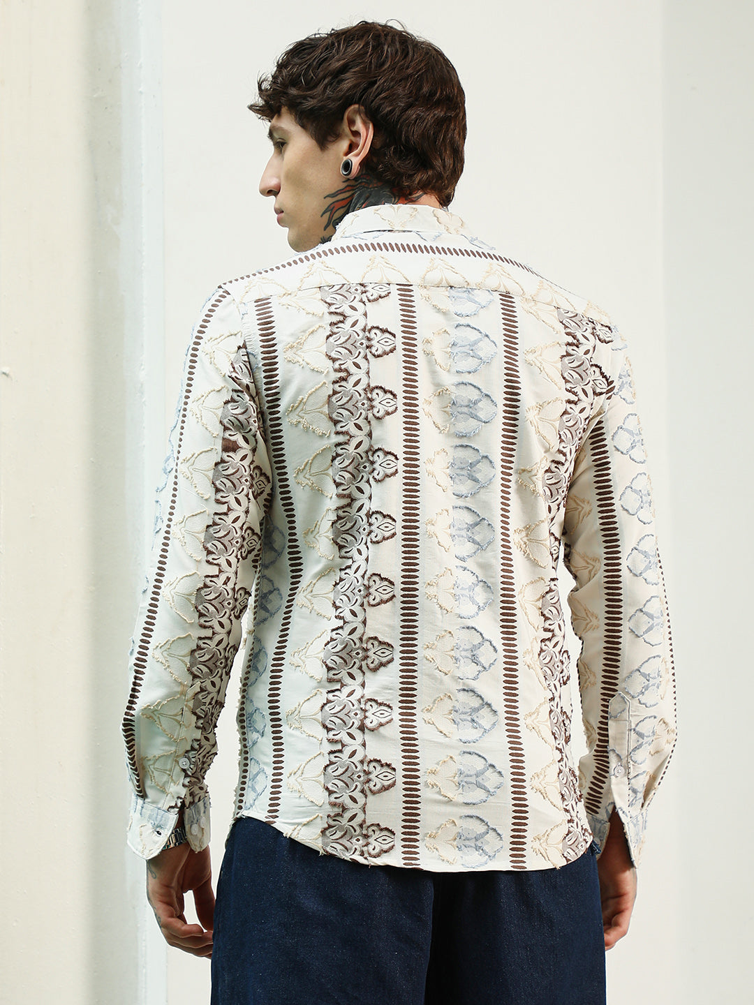 Off White Self Design Cotton-Poly Blend Full Sleeve Shirt