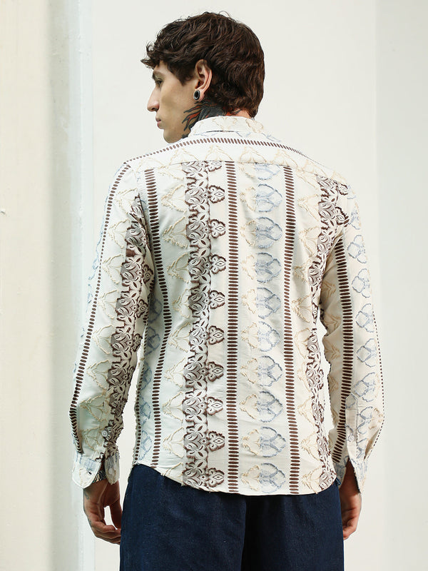Off White Self Design Cotton-Poly Blend Full Sleeve Shirt