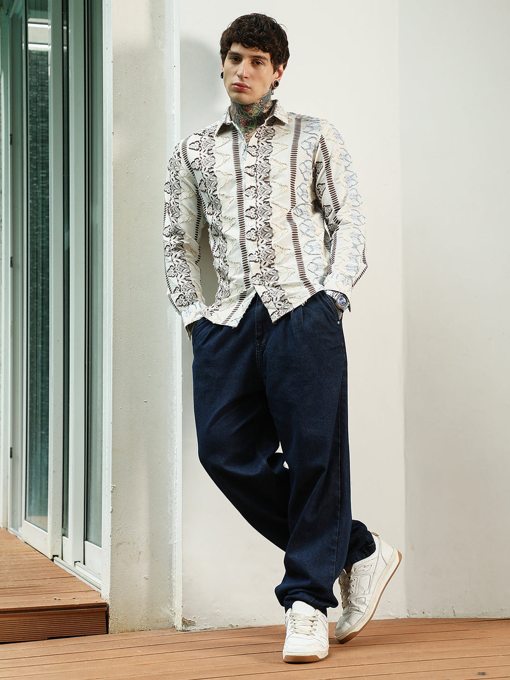 Off White Self Design Cotton-Poly Blend Full Sleeve Shirt