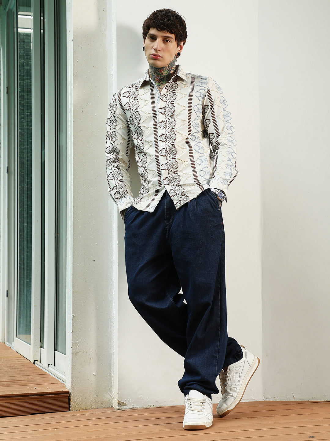 Off White Self Design Cotton-Poly Blend Full Sleeve Shirt