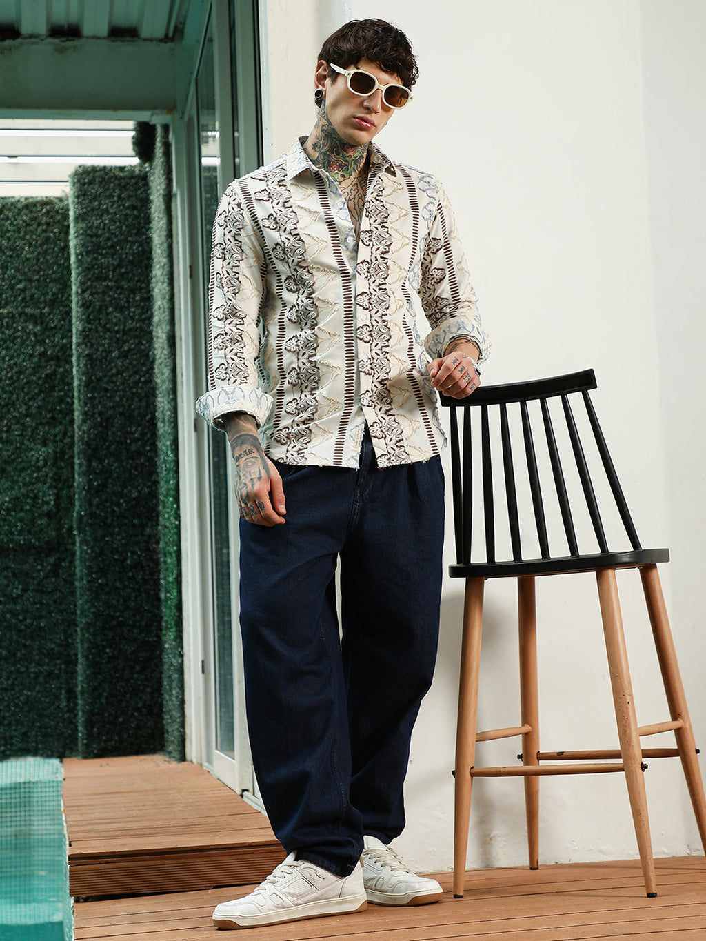 Off White Self Design Cotton-Poly Blend Full Sleeve Shirt