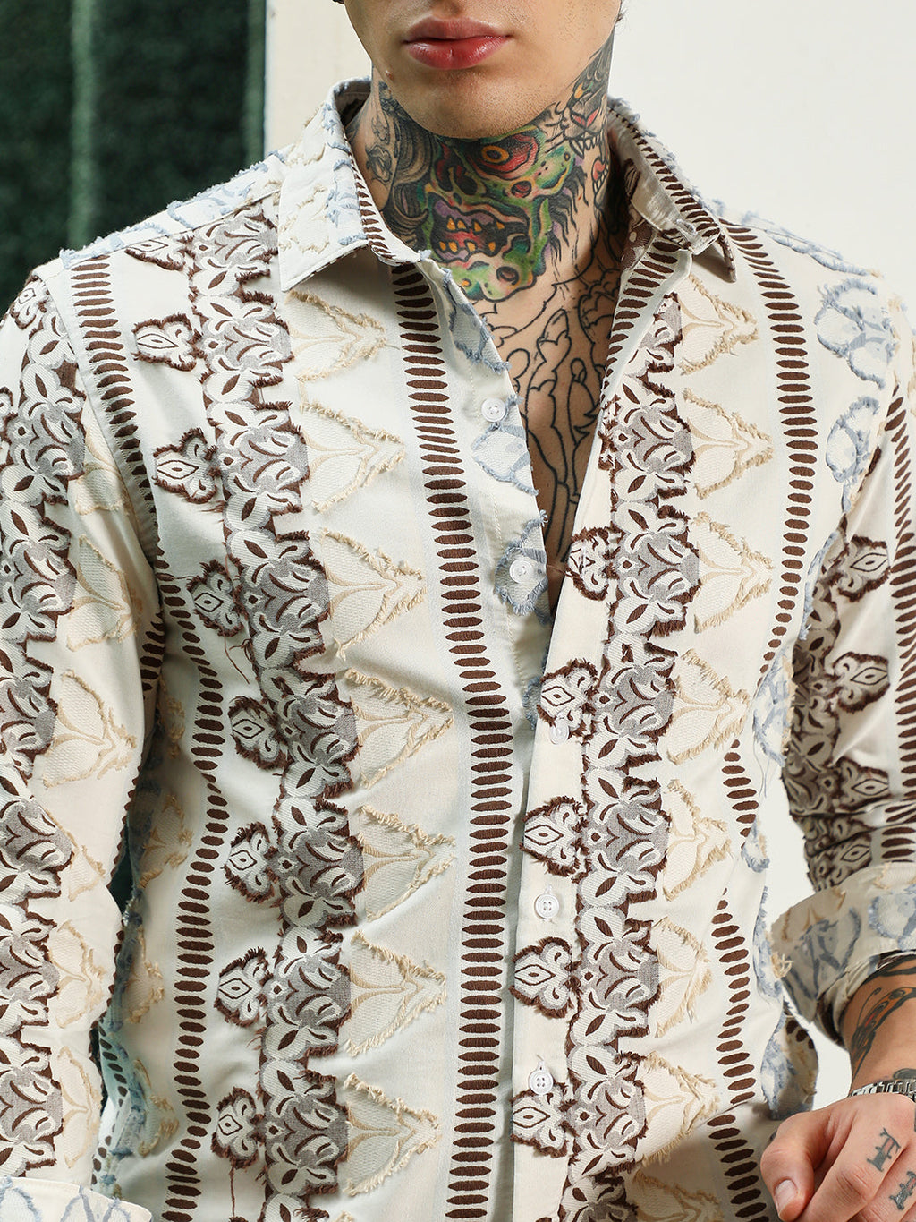 Off White Self Design Cotton-Poly Blend Full Sleeve Shirt