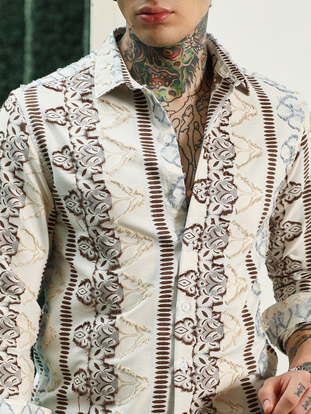 Off White Self Design Cotton-Poly Blend Full Sleeve Shirt