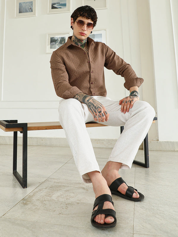 Textured Brown Cotton Blend Full Sleeve Shirt