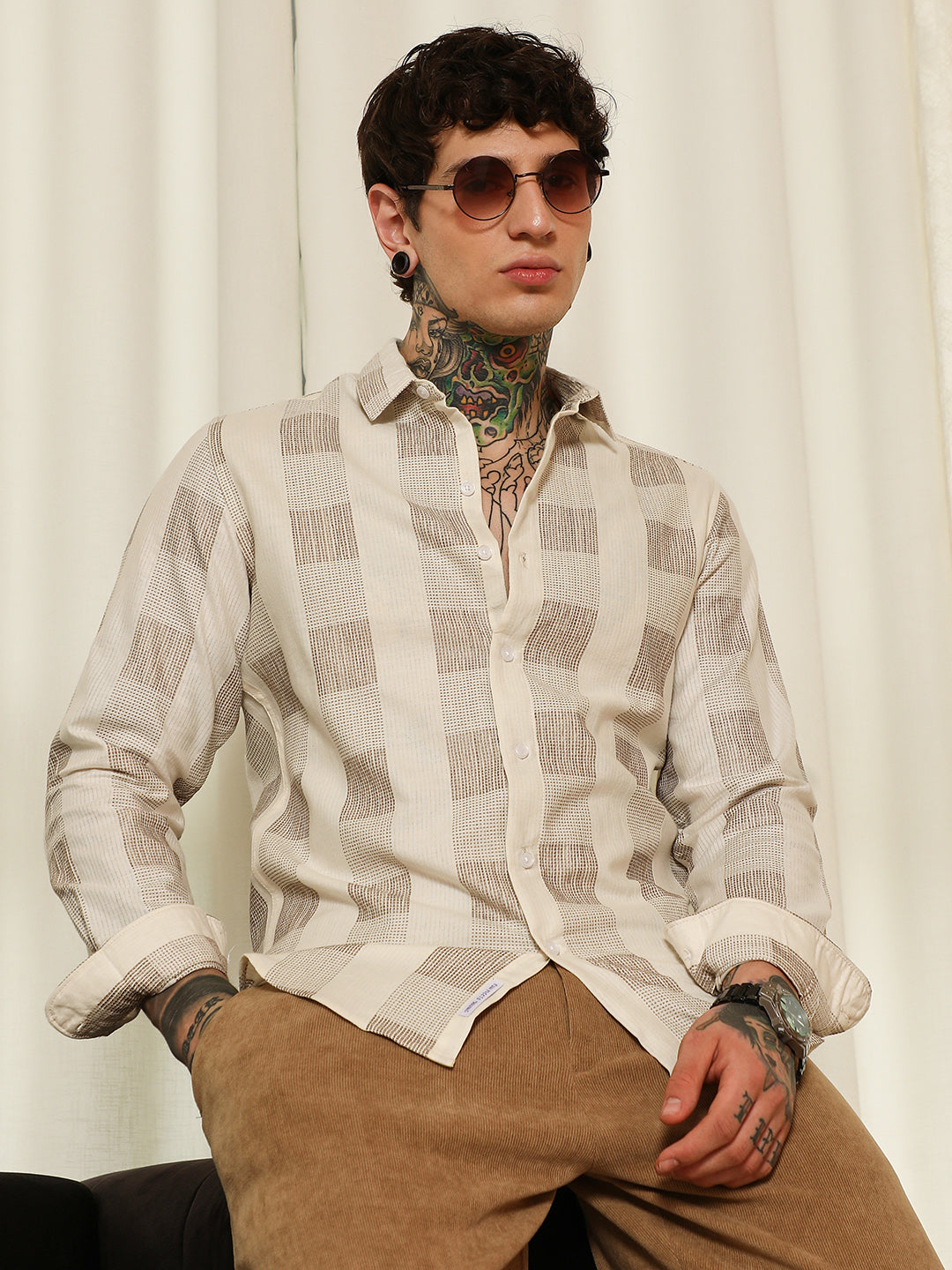 Beige Checkered Cotton Blend Full Sleeve Shirt