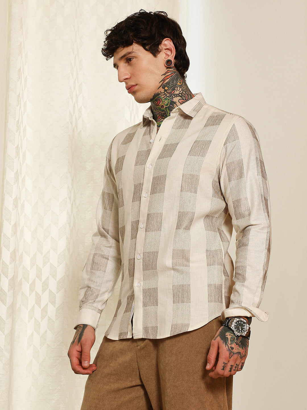 Beige Checkered Cotton Blend Full Sleeve Shirt