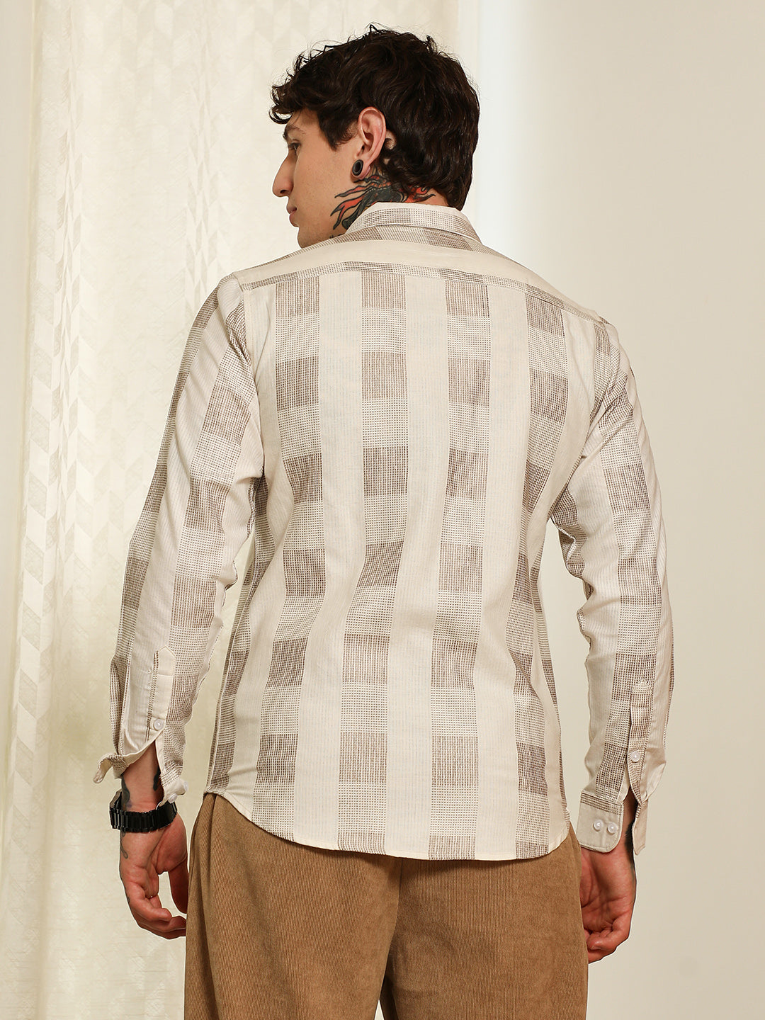 Beige Checkered Cotton Blend Full Sleeve Shirt