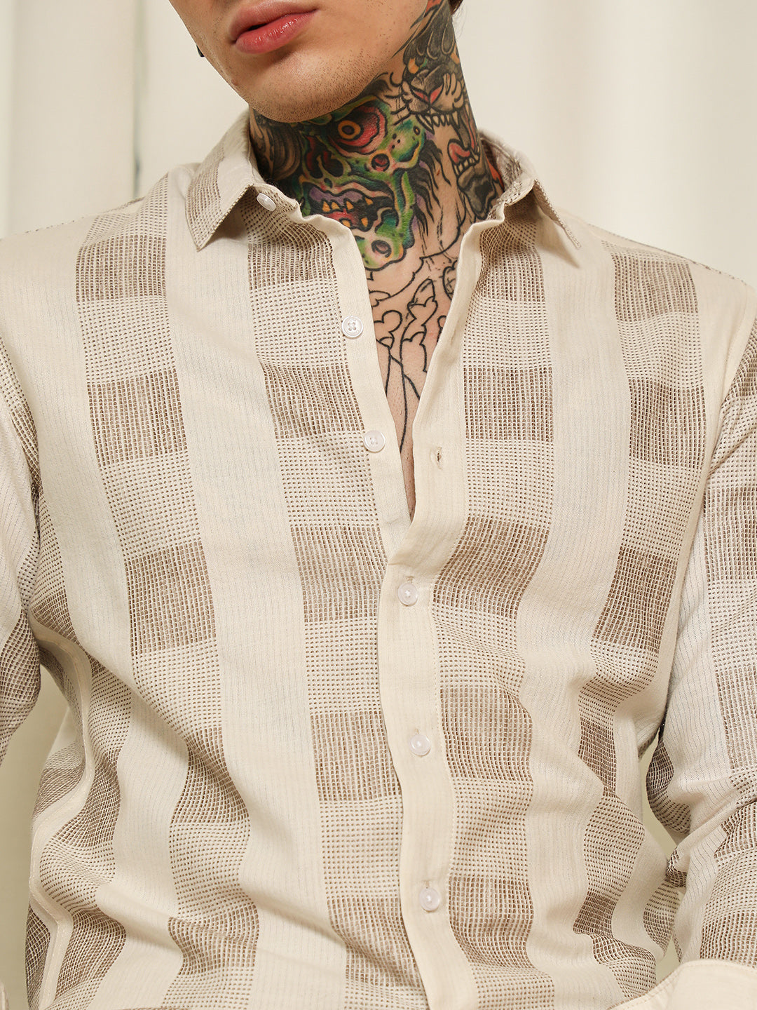 Beige Checkered Cotton Blend Full Sleeve Shirt