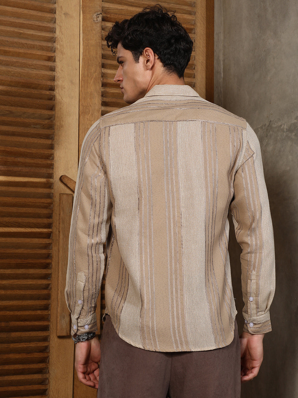 Sand Beige Multitrack Stripe-Woven Shirt