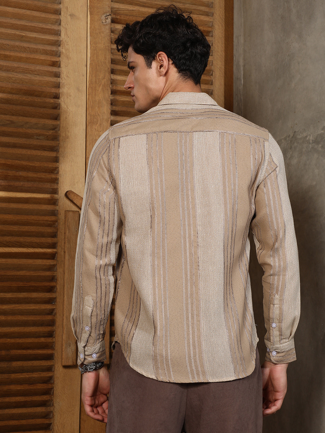 Sand Beige Multitrack Stripe-Woven Shirt