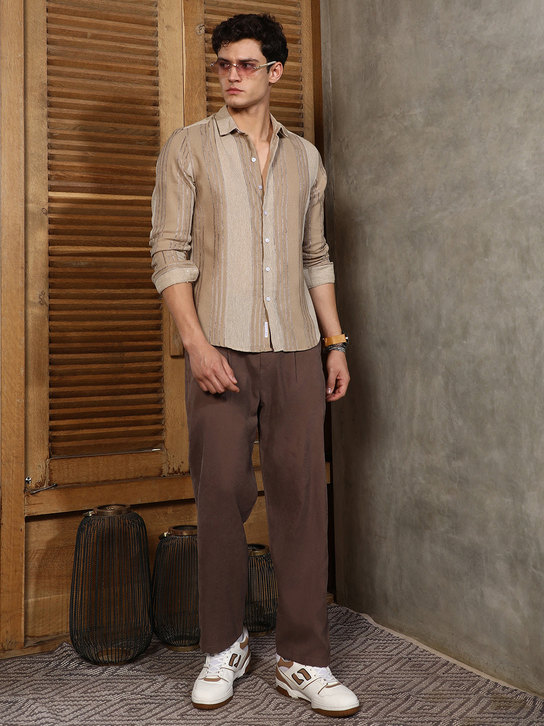 Sand Beige Multitrack Stripe-Woven Shirt