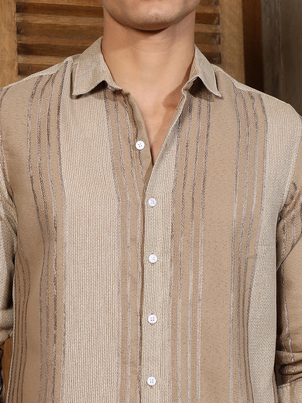 Sand Beige Multitrack Stripe-Woven Shirt