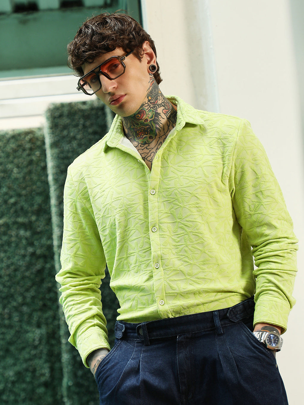 Lime Green Textured Full Sleeve Shirt For Men