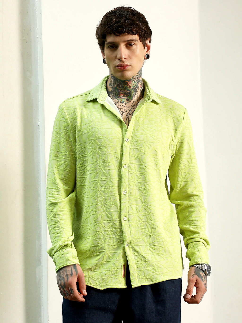 Lime Green Textured Full Sleeve Shirt For Men