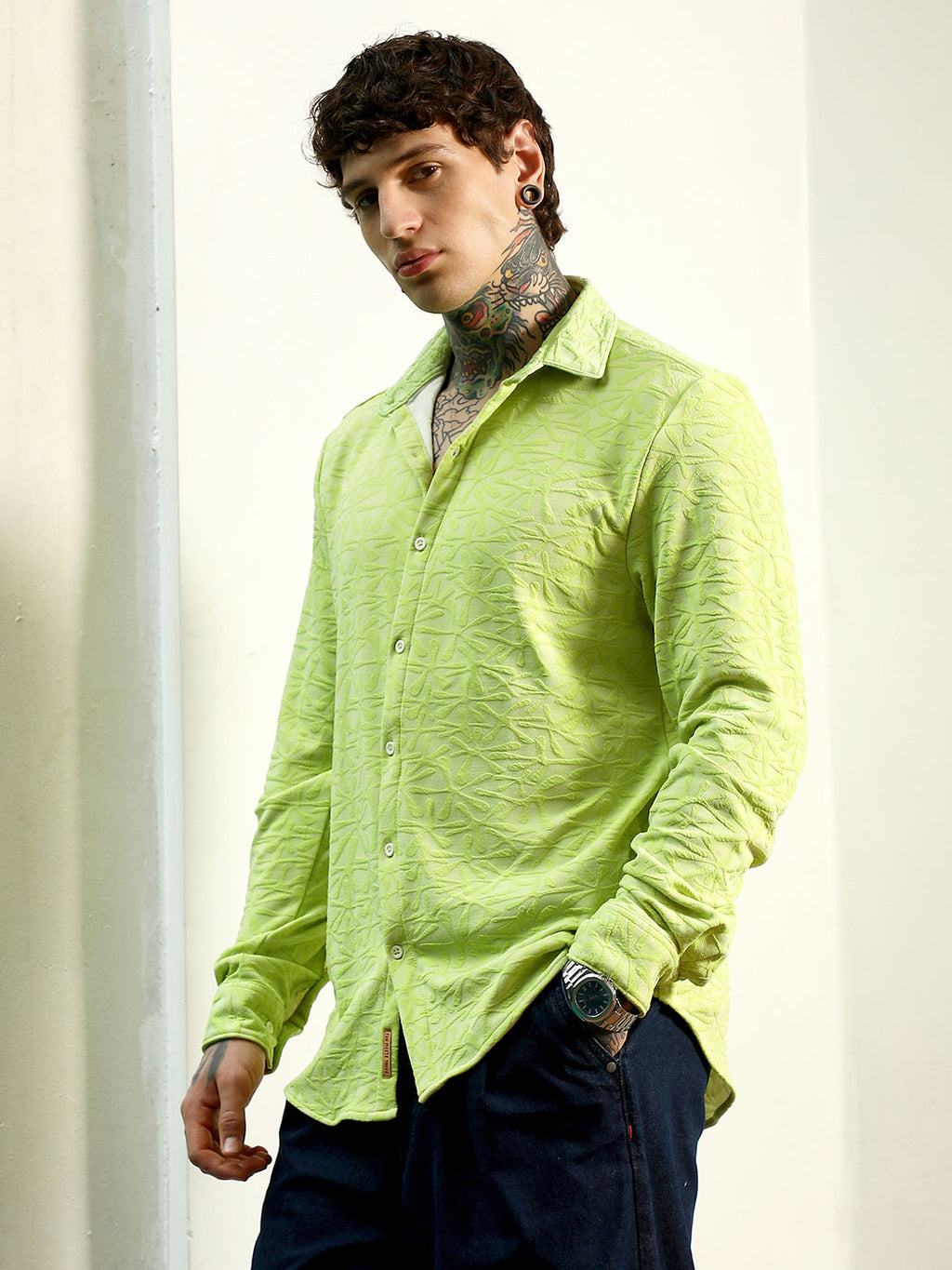 Lime Green Textured Full Sleeve Shirt For Men