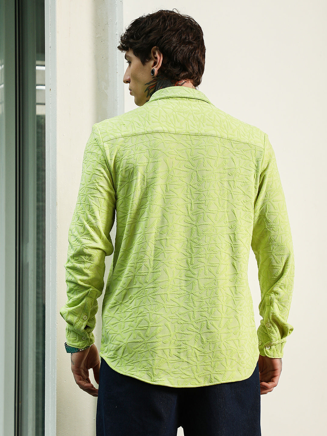 Lime Green Textured Full Sleeve Shirt For Men
