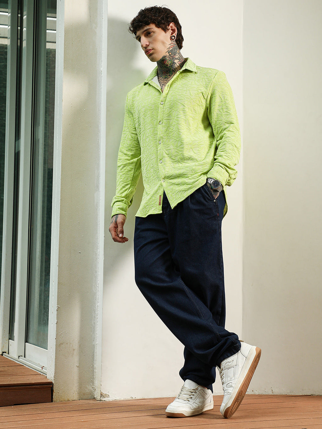 Lime Green Textured Full Sleeve Shirt For Men
