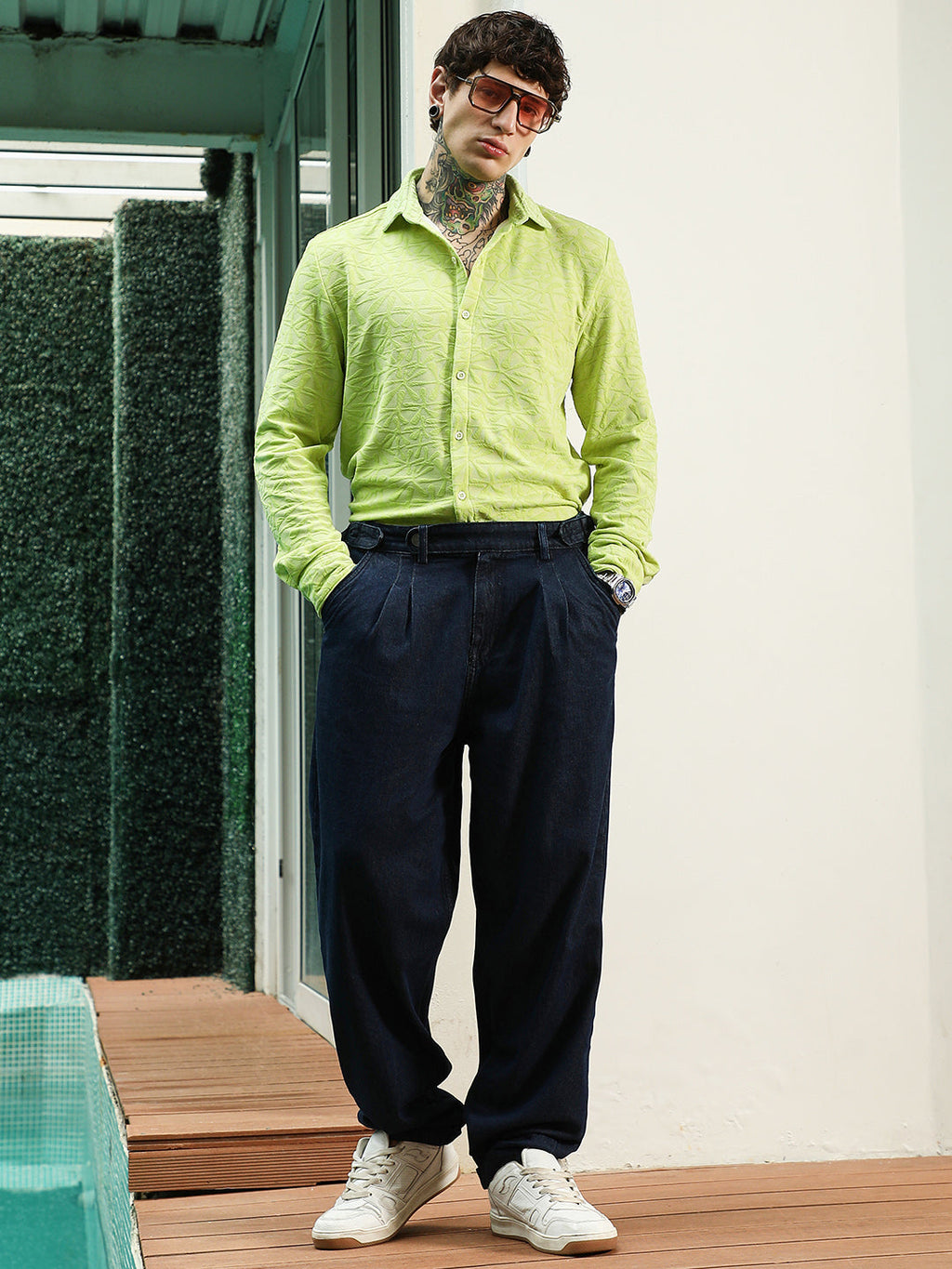 Lime Green Textured Full Sleeve Shirt For Men