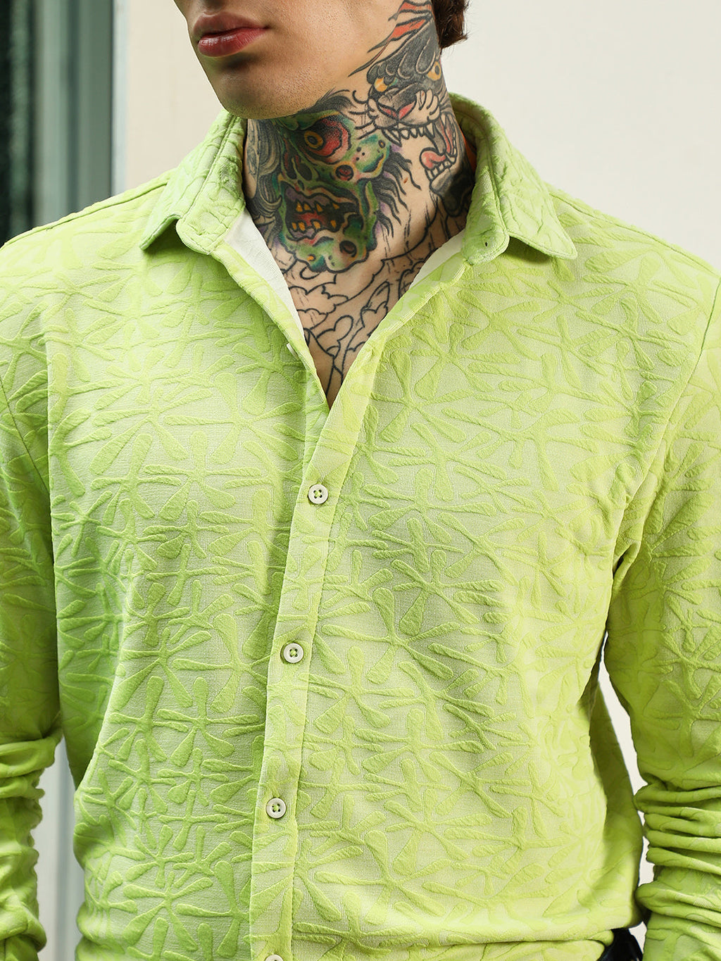 Lime Green Textured Full Sleeve Shirt For Men