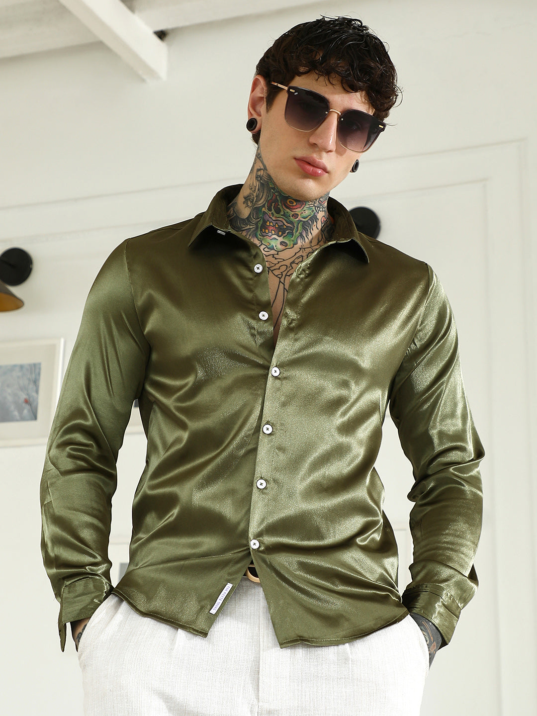 Olive Green Polyester Slim Fit Shirt