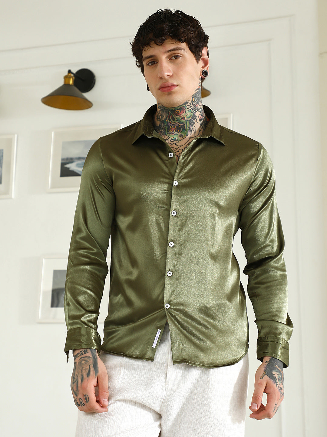 Olive Green Polyester Slim Fit Shirt