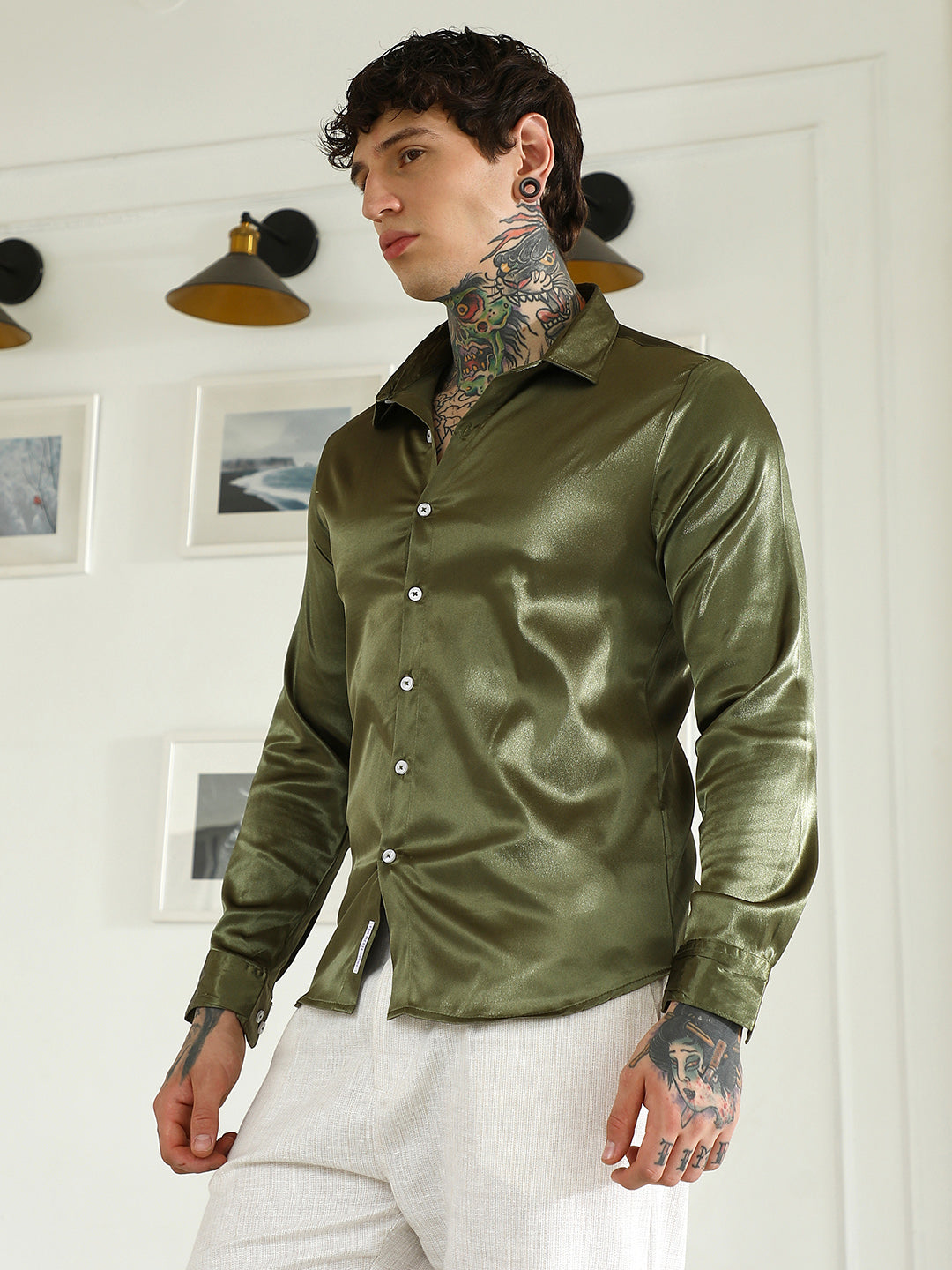 Olive Green Polyester Slim Fit Shirt
