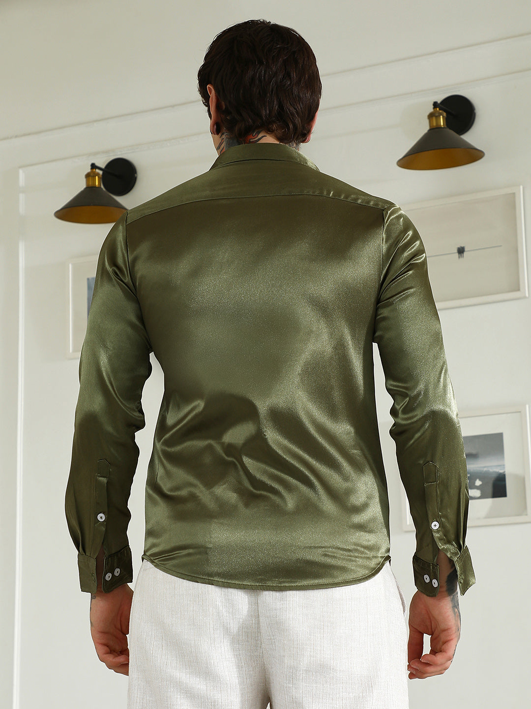 Olive Green Polyester Slim Fit Shirt