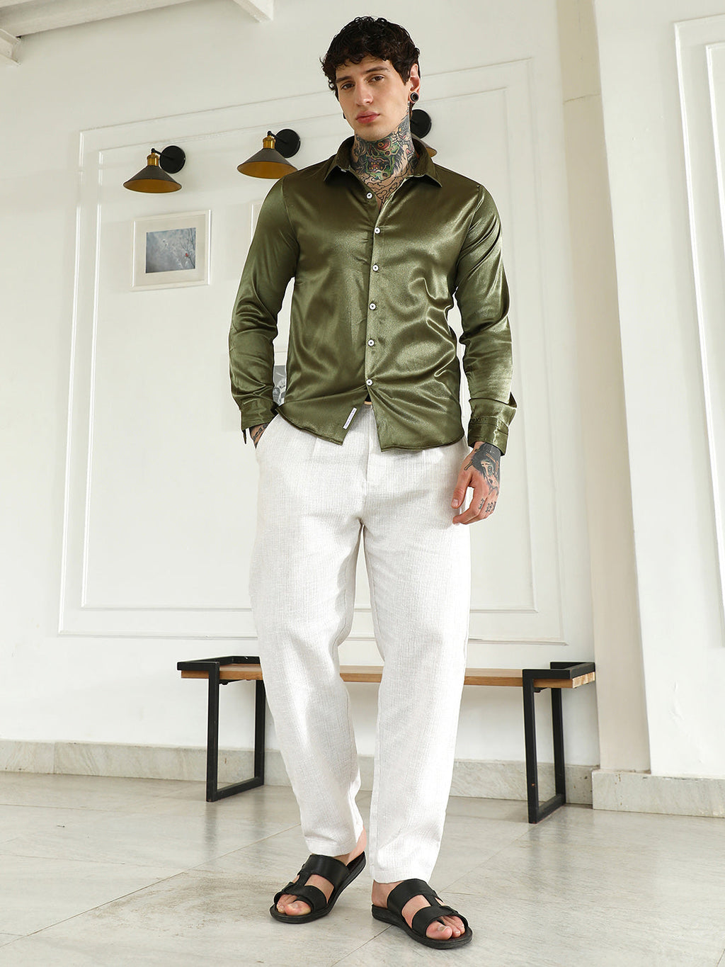 Olive Green Polyester Slim Fit Shirt
