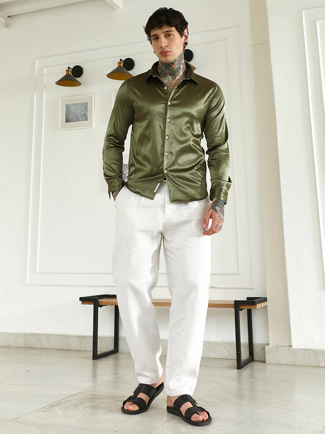 Olive Green Polyester Slim Fit Shirt