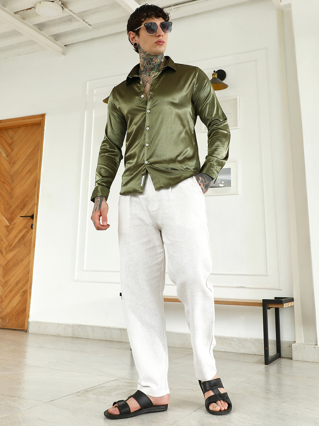 Olive Green Polyester Slim Fit Shirt